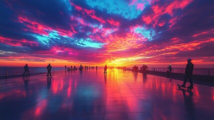Seniors skateboarding alongside the vibrant sunset on a picturesque boardwalk