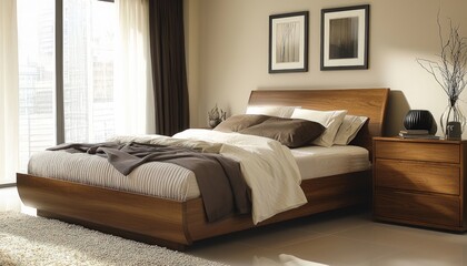 Elegant simplicity is at the heart of this bedroom, with a bed and a chest of drawers offering streamlined, functional design in a minimalist setting.