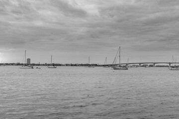 Fototapeta premium A breathtaking mono photograph of a serene sunset at Bayfront Park Sarasota Florida USA taken in January 2025 this peaceful image captures the beauty of the horizon with vibrant colors blending across