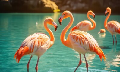 Two vibrant flamingos in calm water