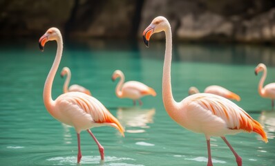 Elegant flamingos wading in azure water