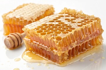 Honeycomb on White Background Close-up of golden honeycomb dripping with sweet honey