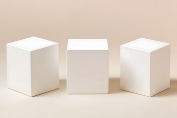 Three Blank White Cubic Display Platforms Against a Beige Background