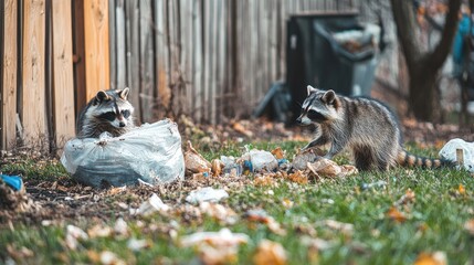 Naklejka premium A suburban backyard with raccoons raiding trash bags near a fence, leaving an unsightly mess of litter scattered across the grass.