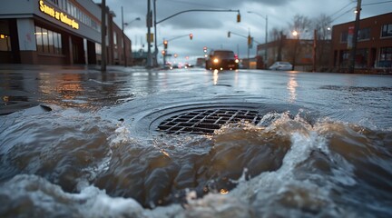 Urban Sewage Overflow Flooding City Streets During Heavy Rain