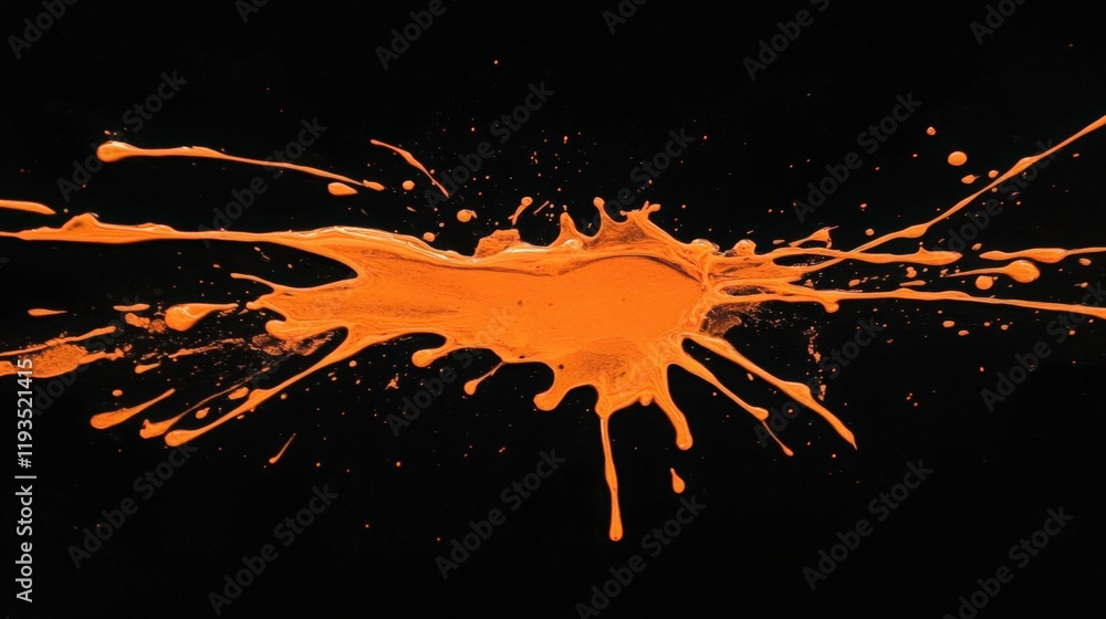 Poster abstract explosion of vibrant orange paint against a stark black background creating a dynamic splat