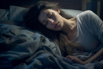 young woman sleeping on bed in dark room