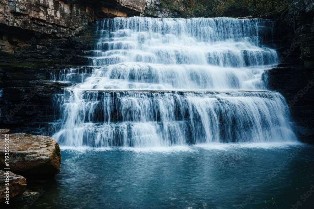Poster cascading waterfall with multiple tiers surrounded by rocky terrain in a natural setting