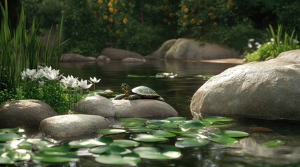 Fototapeta premium A turtle sunbathing near a small backyard pond, surrounded by water lilies and smooth rocks.