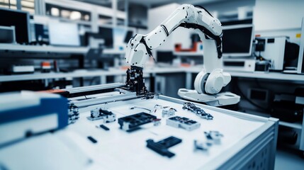 A robot assembling modular robotics components in a high-tech prototyping studio, clean and organized workspace, Prototyping-tech style