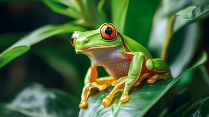 Red eyed tree frog perched on vibrant green leaf