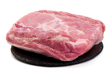 Raw pork loin piece, isolated on white background.