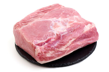 Raw pork loin piece, isolated on white background.