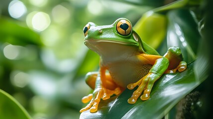 Green Tree Frog Perched on Lush Leafage