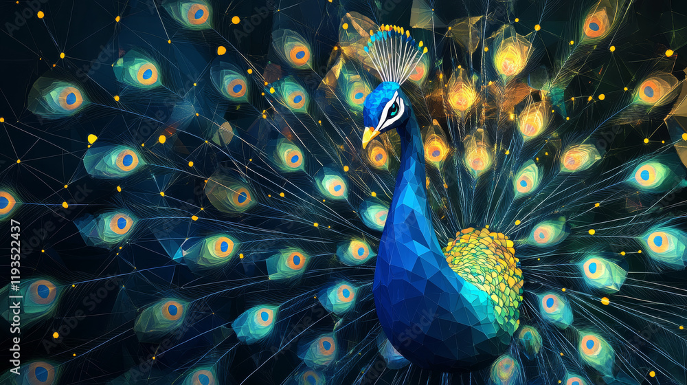 Poster the peacock hologram. a peacock made of polygons, triangles of dots and lines. peacock low-poly comp