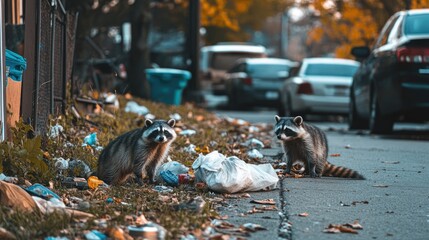 Raccoons tearing open trash bags on a quiet suburban street, leaving debris strewn across lawns and sidewalks.