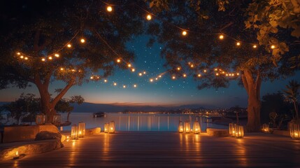 Nighttime view of a wooden deck overlooking a calm body of water with string lights and lanterns