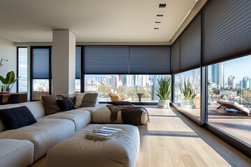 Extra large pleated blinds featured in a contemporary apartment, with a 50mm fold that offers top-down bottom-up privacy and a sleek modern look.