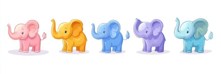 Obraz premium Colorful elephants in various shades standing together in a cheerful arrangement showcasing diversity and playfulness. Generative AI