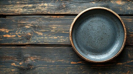 Rustic blue ceramic bowl on aged wooden surface