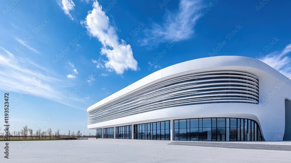 Poster modern architectural building with curved design against a clear blue sky and open space