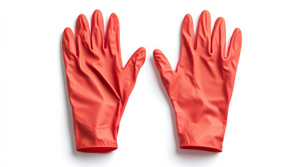 Obraz premium Pair of red protective rubber gloves isolated on white background. domestic housekeeping and housework hygiene equipment, sanitary service hand wear.