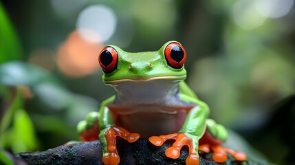 Fototapeta premium Red eyed tree frog perched on a mossy branch