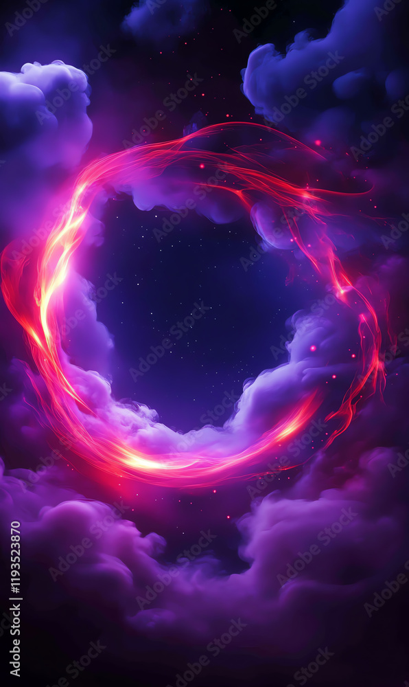 Poster a captivating swirl of vibrant colors surrounded by dark clouds, creating a mystical atmosphere and 