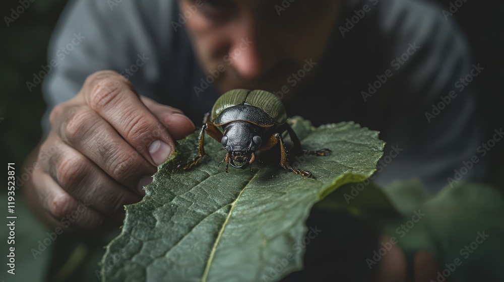 Poster close-up of a large beetle on a leaf with a blurred person in background