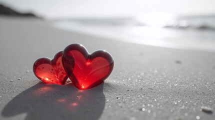 Fototapeta premium Two Red Crystal Hearts on a gray Beach, Valentine's day and love concept