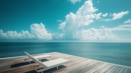 Fototapeta premium Tranquil Ocean View With Two White Lounge Chairs