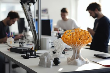 Creative workspace featuring 3D printed models and designers collaborating on projects