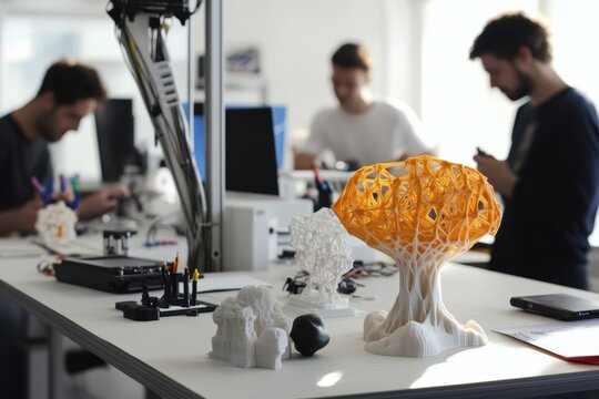 Creative workspace featuring 3D printed models and designers collaborating on projects
