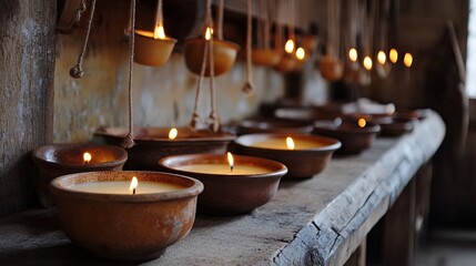 A rustic candle-dipping station with wax pots and wicks hanging to dry