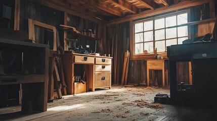 Obraz premium A rustic carpentry workshop with wooden beams, tools, and sawdust on the floor
