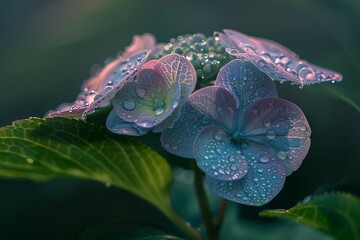 A close-up of hydrangea flowers adorned with water droplets, showcasing their delicate beauty.