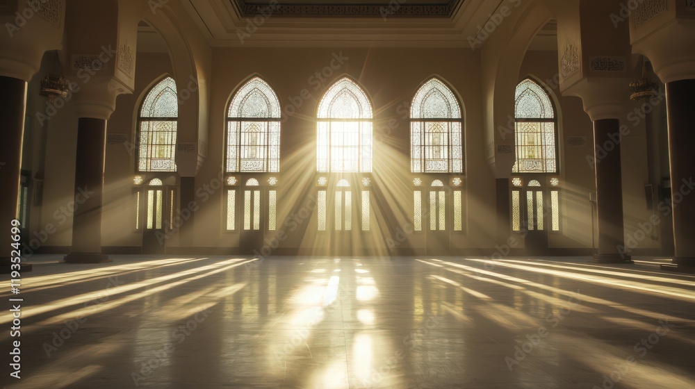 Poster sunlight streaming through arched windows in a grand interior space with columns