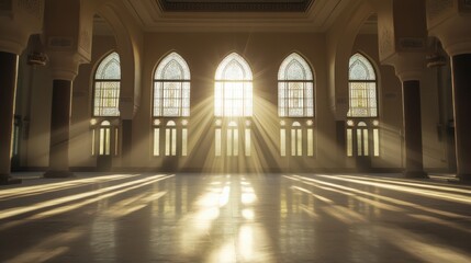 Obraz premium Sunlight Streaming Through Arched Windows in a Grand Interior Space with Columns