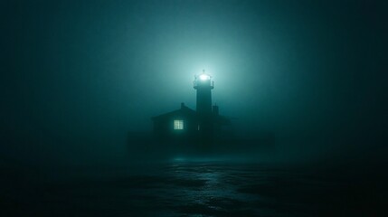 Obraz premium Lonely Lighthouse Shining Brightly In Foggy Night