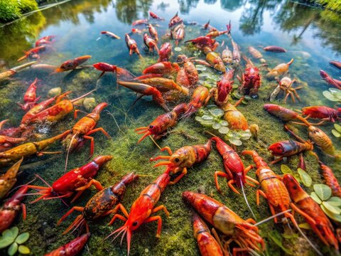 Invasive Marbled Crayfish Infestation in Pond - Aerial Drone View