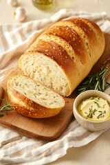 A golden loaf of rustic sourdough bread rests on a wooden board, surrounded by softened herb-infused butter in a small ceramic dish.