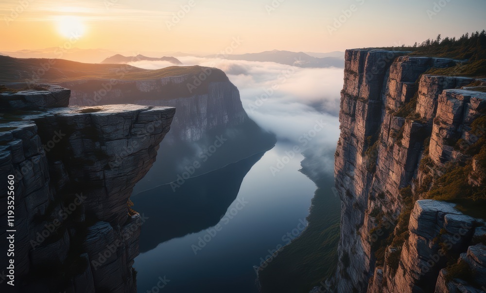 Poster Stunning sunrise over rugged cliffs