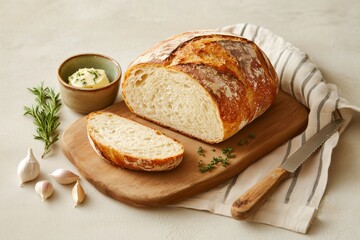 A golden loaf of rustic sourdough bread rests on a wooden board, surrounded by softened herb-infused butter in a small ceramic dish.