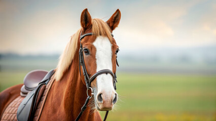 Obraz premium Majestic horse with white blaze in lush meadow nature photography serene landscape close-up view