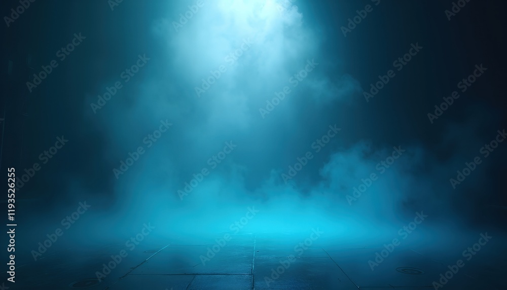 Poster mysterious blue fog fills a dark, empty space, illuminated from above. a textured floor is visible b