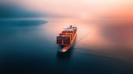 Fototapeta premium Container Ship Sailing on Calm Ocean Waters at Sunset