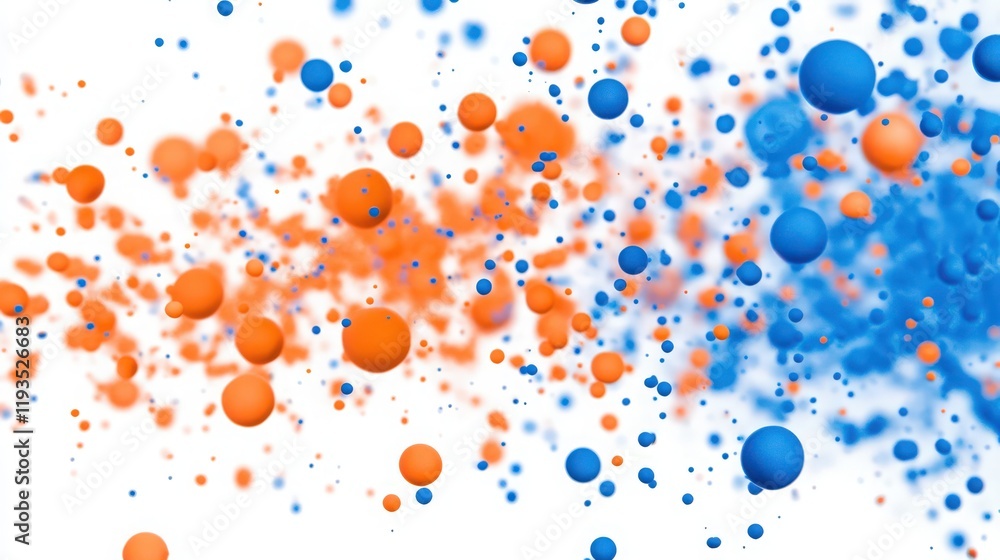 Poster abstract floating orange and blue spheres on a white background with depth of field