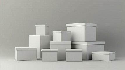 Fototapeta premium A collection of various white boxes stacked in an artistic arrangement against a neutral background.