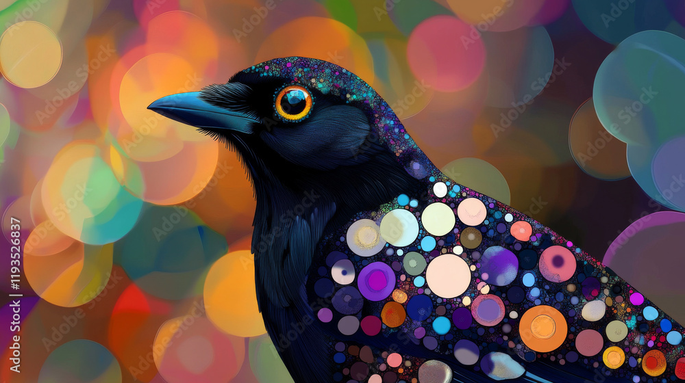 Poster magpie of particles. the magpie consists of circles and points. vector illustration