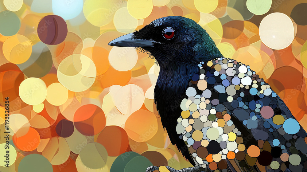 Poster magpie of particles. the magpie consists of circles and points. vector illustration